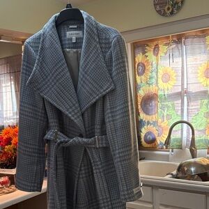 Calvin Klein Gray Checkered Belted Coat